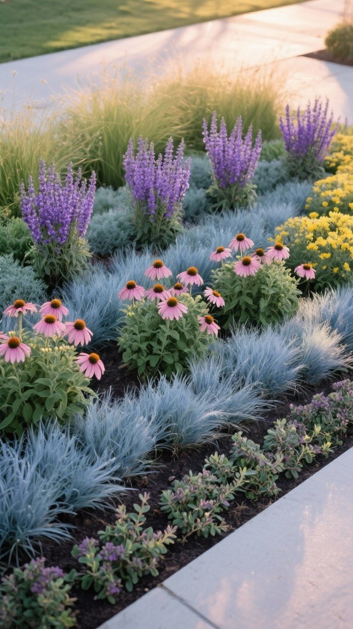Medium, layered bed showing planting in drifts for designer impact: repeating groups of five lavender, seven coneflowers, and three catmint clusters, interwoven with drifts of fountain grass and blue fescue for movement. Low groundcover bands of creeping thyme and ajuga fill gaps. Color palette restrained to purples, soft pinks, and sunny yellow accents plus green. Slight corner angle, warm early evening light for calm, cohesive mood.