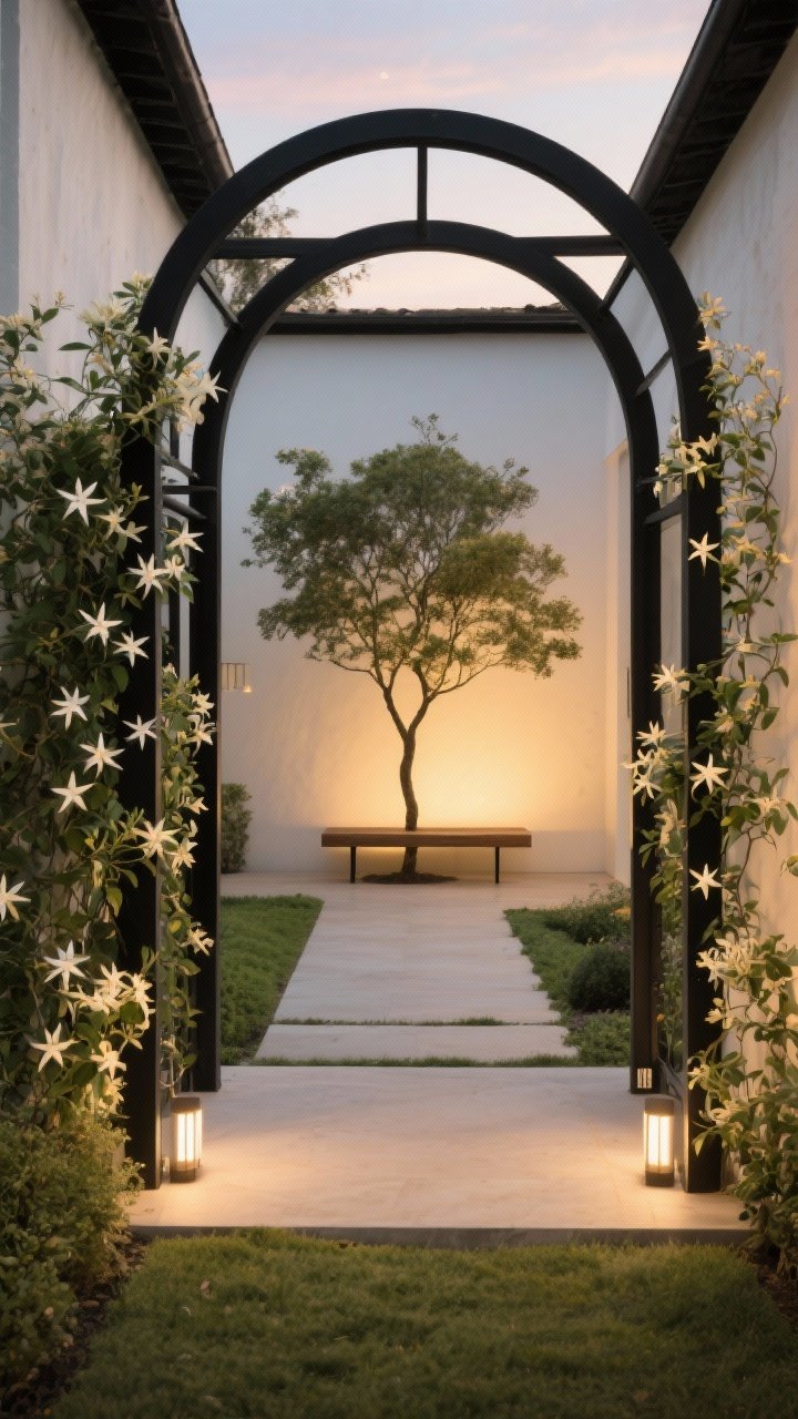 Medium-long, framed vista shot: a black metal arch forming a clean portal aligned to a distant focal bench centered under a small specimen tree; sides planted with climbing star jasmine beginning to soften the structure; two discreet uplights at the base of the arch for evening magic; balanced composition, garden “room” effect, golden-hour light with a hint of upcoming night glow, no people.
