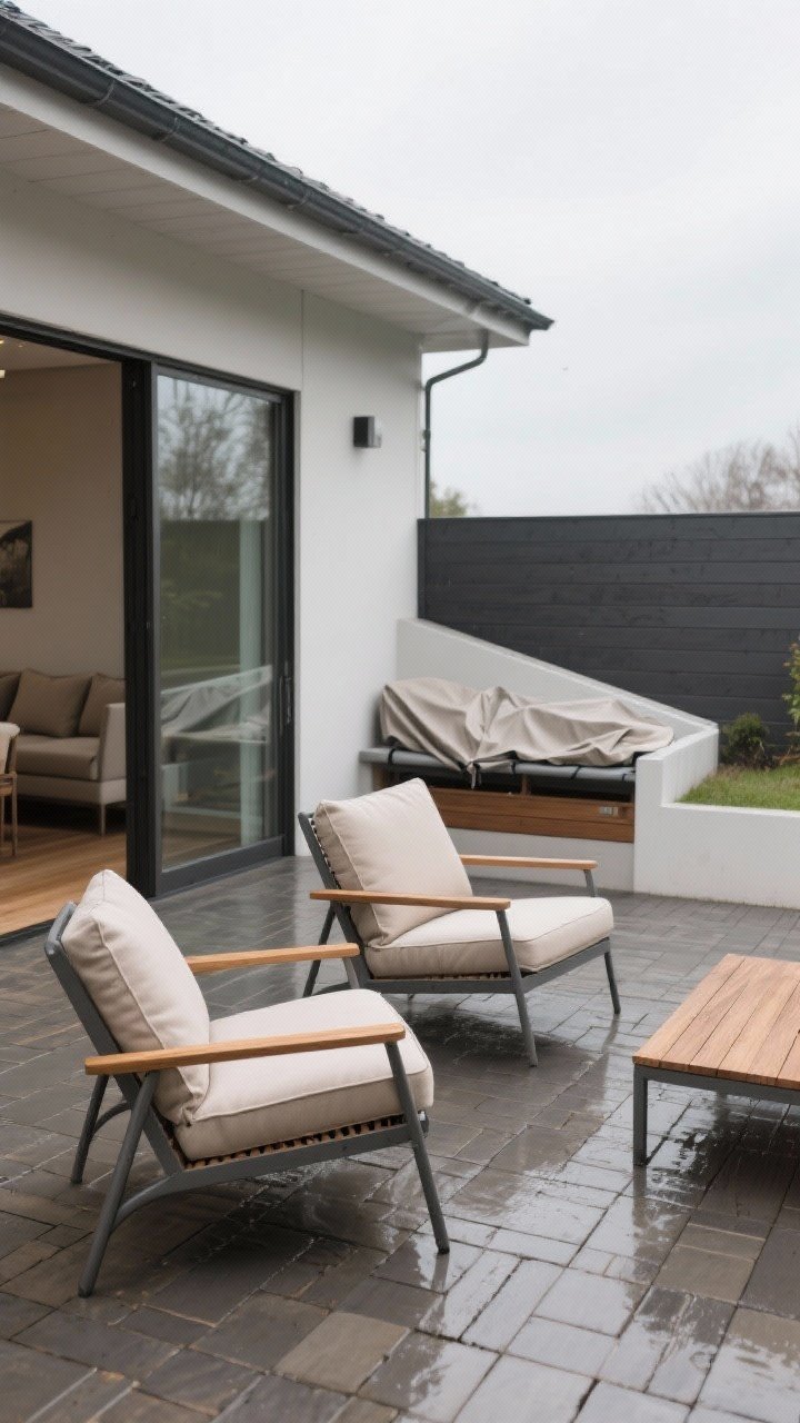 Medium materials showcase on a patio: powder-coated aluminum and teak frame chairs with solution-dyed acrylic cushions in neutral tones, quick-dry foam cushions with discreet breathable vents, composite decking underfoot, sealed pavers with darker grout leading to a seating area, and fitted protective covers folded on a sloped storage bench to prevent water pooling; overcast daylight for material clarity, straight-on angle.