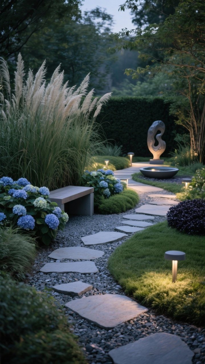 Medium, meandering garden path with hidden moments: organic path of crushed granite with irregular stepping stones set into groundcovers; bends planted with taller screens—miscanthus grasses, inkberry, and lush hydrangeas—partially obscuring the view; at one turn, a small bench alcove; further along, a tucked-in shallow water bowl; at the end, a discreet sculpture as a surprise focal point; low-voltage path lights spaced subtly, evening glow, inviting and mysterious.