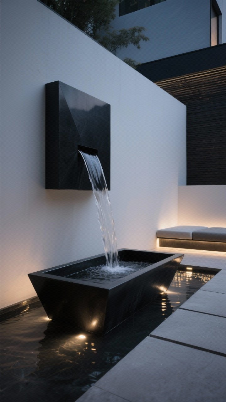 Medium-night shot of a bold minimal water feature: a wall-mounted water blade spilling into a smooth, rectangular black basin with dark interior finishes so the water reads deep and glossy; geometric forms aligned with the surrounding hardscape; soft submersible low-voltage lights adding nighttime shimmer; placed adjacent to a minimalist seating edge for ambiance; reflections dancing on the surface, calm composition, modern materials; photorealistic.