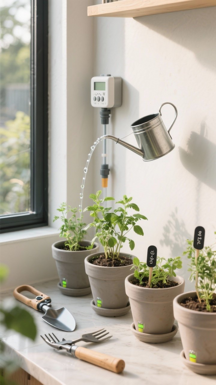 Medium organizational shot of a streamlined small-space garden system: self-watering planters with visible water indicators, a compact drip irrigation line on a timer connected to a small reservoir, and neatly arranged compact tools (folding trowel, micro pruners, long-spout watering can). Matching pots unify finishes, labeled herbs with chic markers, containers positioned by light levels. Soft morning light, clean, efficient, polished.