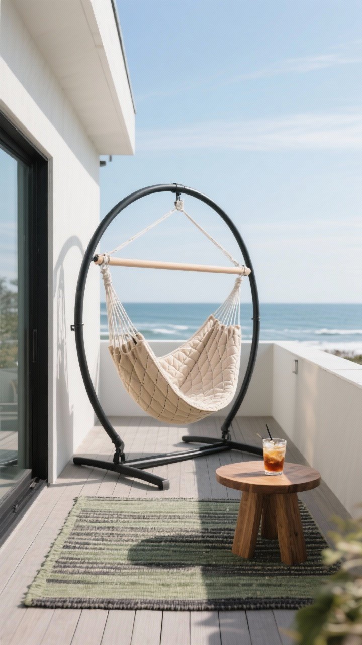 Medium patio scene: A freestanding arc hammock stand on a narrow deck, powder-coated matte black steel with a space-saving footprint. A quilted double hammock in neutral sand with subtle stitching hangs on it. Teak side table holds an iced drink; a flat-woven outdoor rug in sage and charcoal anchors the setup. Coastal-meets-contemporary vibe. Clear skies, soft daylight, no people, photorealistic.