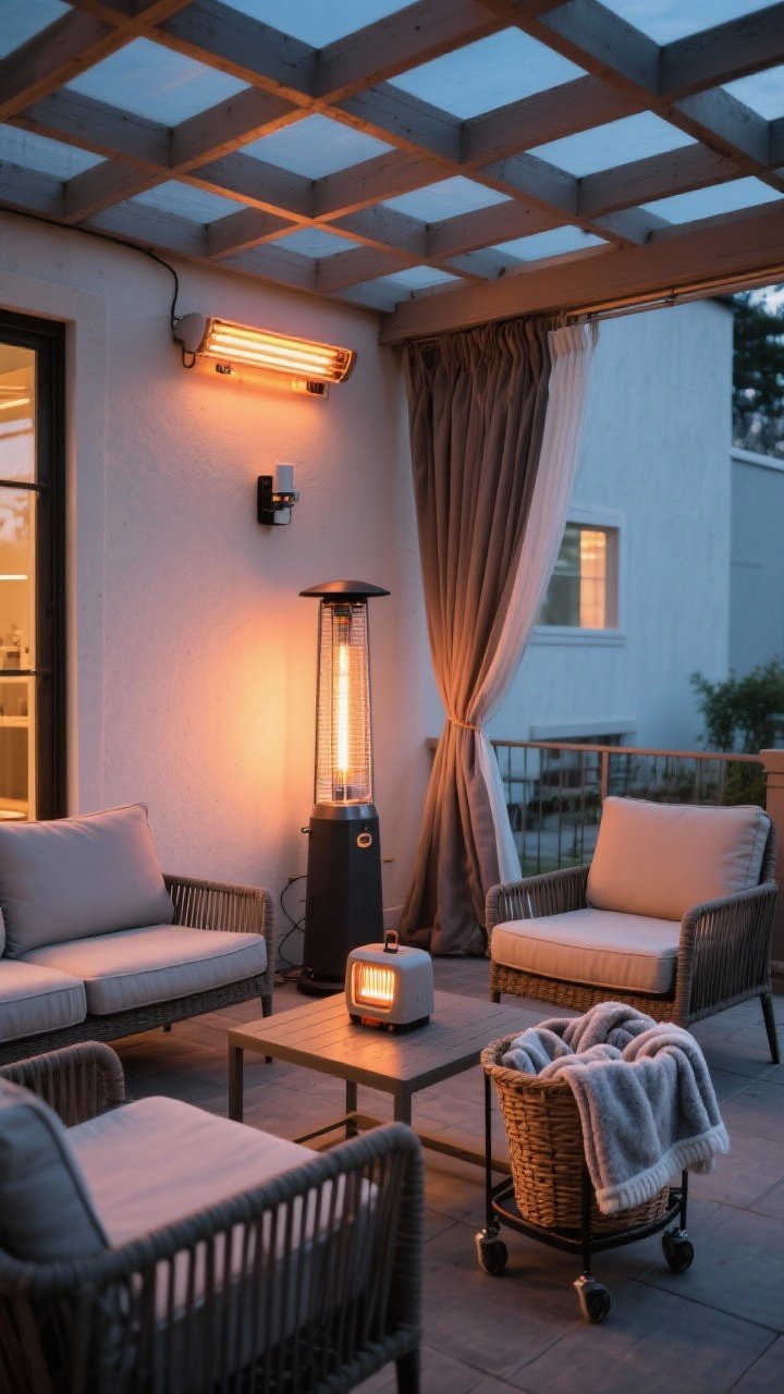 Medium patio scene focused on warmth: wall-mounted electric infrared heaters under a covered pergola, a portable propane tower heater near a conversation area, a small tabletop heater on a coffee table, a rolling basket filled with washable fleece blankets, thicker quick-dry seat pads on chairs, and wind-blocking curtains drawn partially closed for snugness; cool evening light with warm heater glow, corner angle.