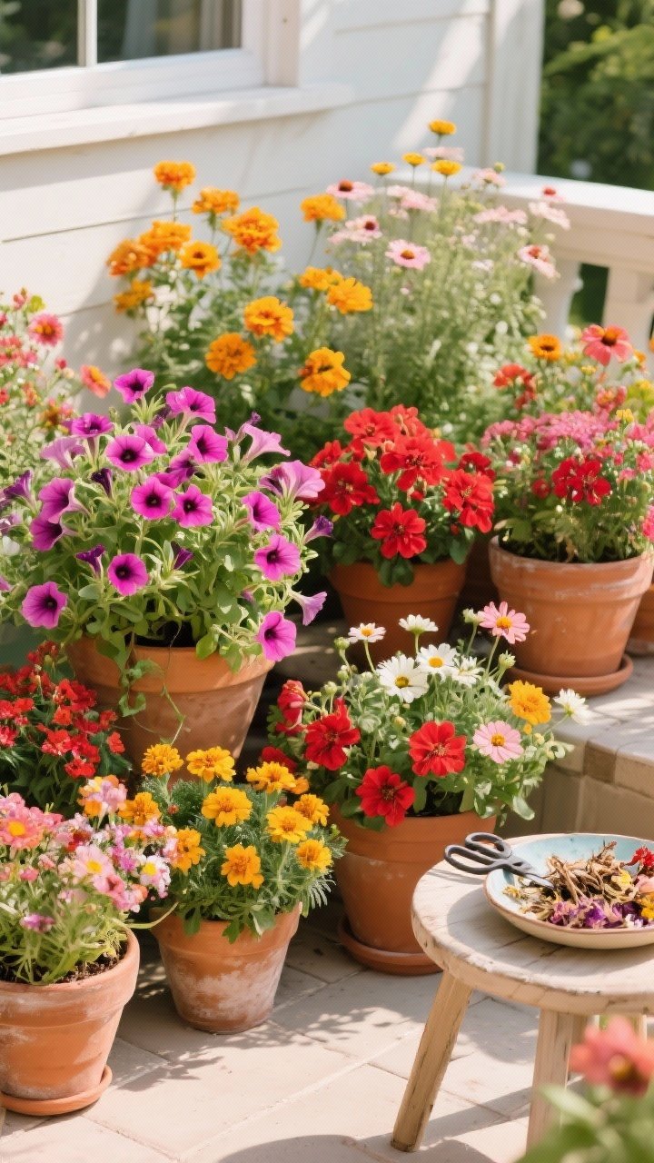 Medium patio vignette bursting with instant color: grouped pots of trailing petunias and calibrachoa, bright marigolds, classic red geraniums, and airy cosmos and zinnias; a warm color palette repeated across containers for cohesion; a small snips and a dish with deadheaded blooms on a side stool; bright, cheerful daylight; straight-on angle highlighting continuous bloom density