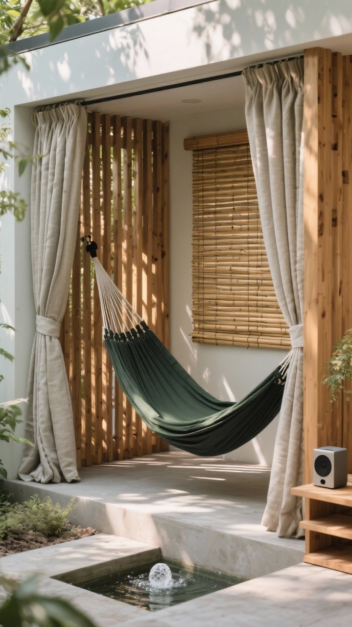 Medium privacy pod: A hammock nook enclosed with vertical cedar slat screens on two sides. Outdoor curtains and a rolled bamboo shade ready to pull across for extra coverage. A darker hammock in charcoal or forest green recedes visually. A compact water feature bubbles softly next to a small portable speaker on a shelf. Dappled shade, serene and secluded, no people, photorealistic.