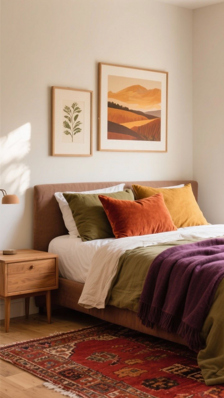 Medium shot: A bedroom vignette shifting to harvest tones—rust, ochre, olive, plum, and deep cocoa. Bed styled with swapped pillow covers: rust velvet pillow, olive linen shams, and a plum throw casually folded. Above the headboard, framed botanical prints and an abstract landscape in warm tones. The floor features a vintage-style kilim rug that anchors the palette with earthy reds and ochres. Walls in warm off-white, wood nightstand, minimal clutter. Soft late-afternoon natural light for a grounded, calm mood; include one tone-on-tone neutral element like a caramel duvet to keep things cohesive; no people.