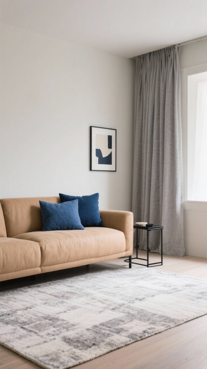Medium shot: A calm two-tone palette living room corner with walls and a compact sofa in warm beige, a large rug and linen curtains in soft gray, and one accent color—ink blue—appearing in two pillows and a small abstract art print. Add a subtle black metal detail in a side table frame to ground the scene. Soft, even natural lighting that bounces off the light neutrals; clean lines, minimal accessories. Angle from the room’s corner to show palette layering without clutter.