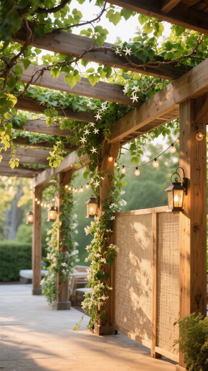 Medium shot: A cedar pergola with a green canopy of climbing plants—grapevines weaving across the top for dappled shade, star jasmine twining up the posts for evergreen side privacy; lanterns and string lights draped along beams for ambiance; partial privacy screens on one side; warm golden-hour lighting; photorealistic, corner angle to capture overhead and side coverage.