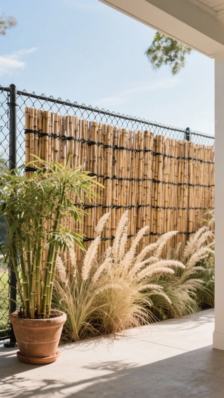 Medium shot: A chain-link fence upgraded with natural bamboo roll fencing attached by black zip ties, creating a warm, boho texture; sealed bamboo sheen visible; potted clumping bamboo and ornamental grasses layered in front to thicken the screen; bright, clear daylight; photorealistic, straight-on view emphasizing quick-install texture and warmth.