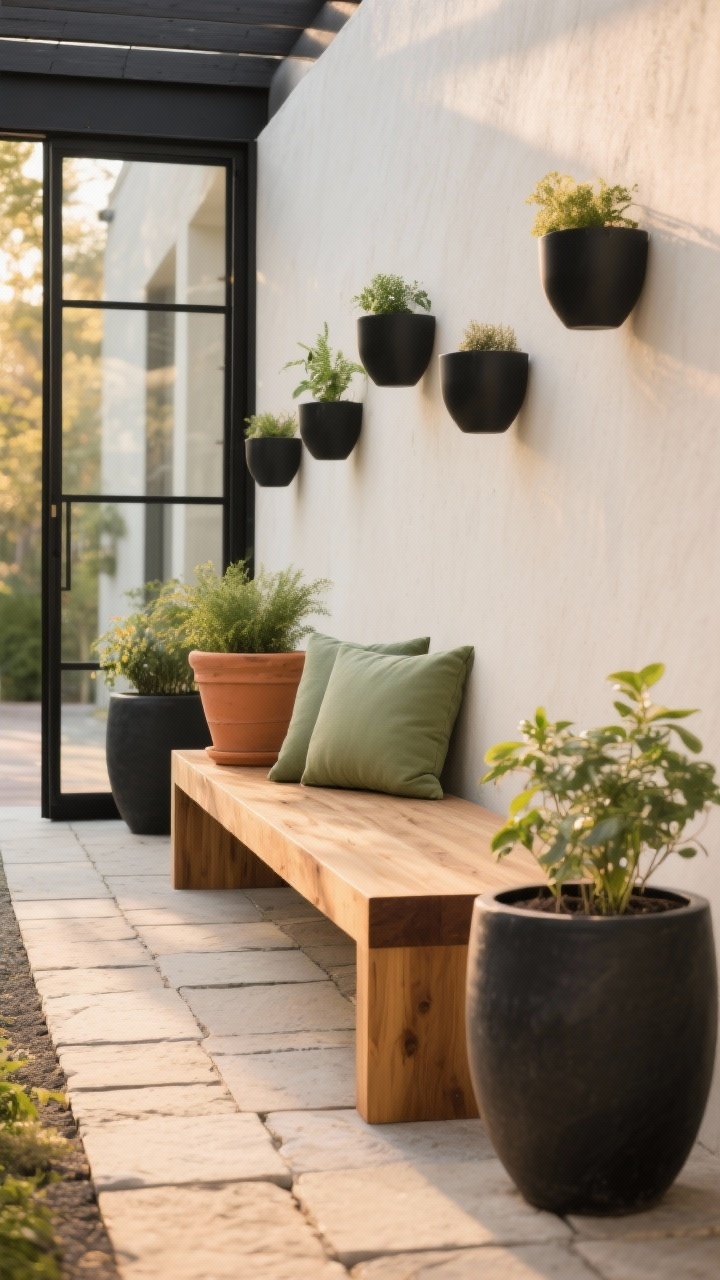 Medium shot: A cohesive palette vignette—neutrals in stone pavers and warm wood, black metal frames, and a single accent color in sage cushions and a terracotta planter; matching matte black planters in varying sizes line a wall, repeating finishes and stretching the eye; repeated wood tone on bench, planter trim, and a narrow path; soft golden-hour light, straight-on composition.