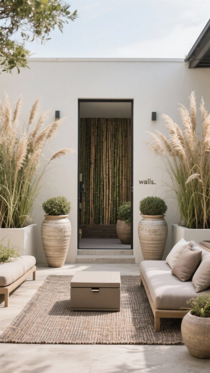 Medium shot: A comfort-first outdoor lounge defined by planter “walls.” Two tall, matching ceramic planters anchor the entrance; inside, soft screening from bamboo and tall grasses (miscanthus) creates privacy. Seating features weatherproof cushions in muted tones atop low-profile furniture, plus a washable outdoor rug. Include a lidded storage bench within reach and heavier ceramic planters to imply wind stability. Straight-on view for inviting symmetry.