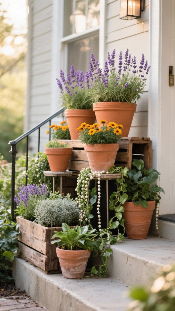 Medium shot: A layered container garden on a small stoop, photographed at a slight corner angle in soft morning light. Taller terracotta pots sit at the back on overturned pots and sturdy wooden crates; mid-height lavender and marigolds in classic clay planters; trailing ivy and string of pearls cascading from elevated stands in front. Mix of upright, mounding, and trailing forms creates tiered heights; textures of clay, weathered wood, and glossy leaves. No people or pets, just lush, curated dimension and instant designer vibes.