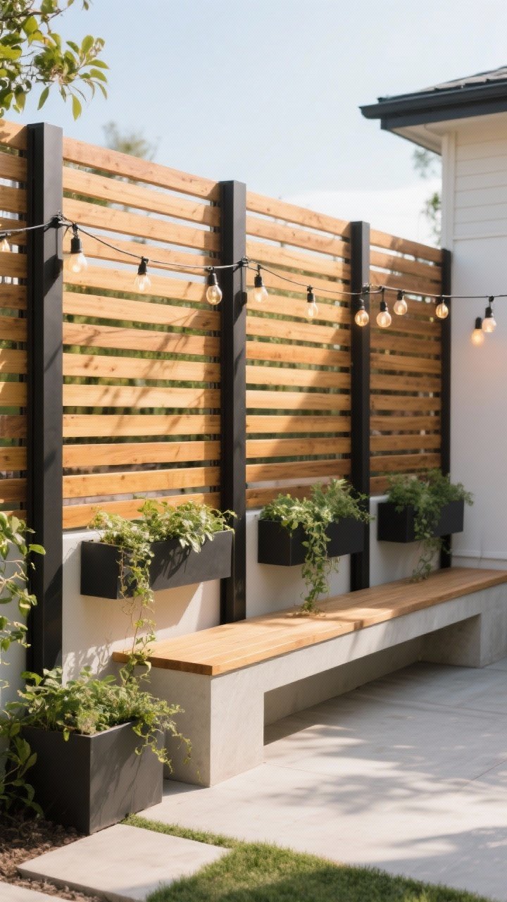 Medium shot: A modern horizontal cedar slat privacy screen with consistent 1–2 inch gaps, stained a warm honey tone; sleek black metal posts, mounted rectangular planters with trailing greenery, a built-in bench in front, and soft cafe string lights draped across; clean, airy look with dappled light filtering through the slats; photorealistic, slight corner angle to show depth and the designer backyard vibe.