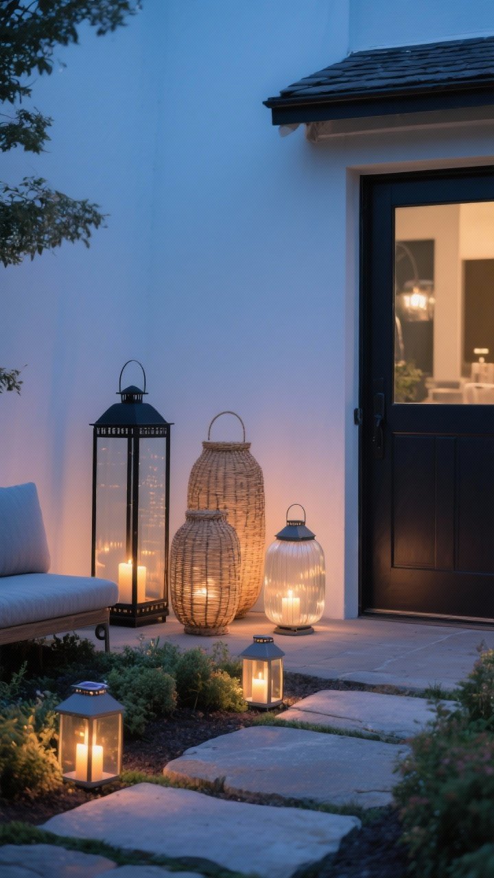 Medium shot: A pathway and seating entry vignette with a curated cluster of lanterns—one large black metal frame, one medium natural rattan, one small frosted glass—staggered heights grouped in threes beside a door and along the first few stones of a path; LED candles with realistic flicker inside; a couple of solar lanterns glowing softly in nearby garden beds; warm, romantic light in evening blue hour; straight-on composition emphasizing materials and soft shadows.