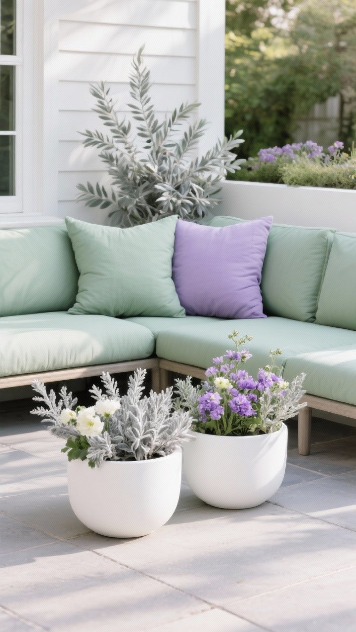 Medium shot: A patio vignette showcasing a cohesive color story—choose the “Zen and dreamy” palette: sage green, dusty lavender, and white. Weatherproof cushions in sage and lavender on seating, white planters with silvery foliage (artemisia/olive) and complementary blooms. Repeat textures with silvery leaves to tie the scheme. Soft, diffuse lighting; straight-on composition to emphasize palette repetition across cushions, planters, and flowers.
