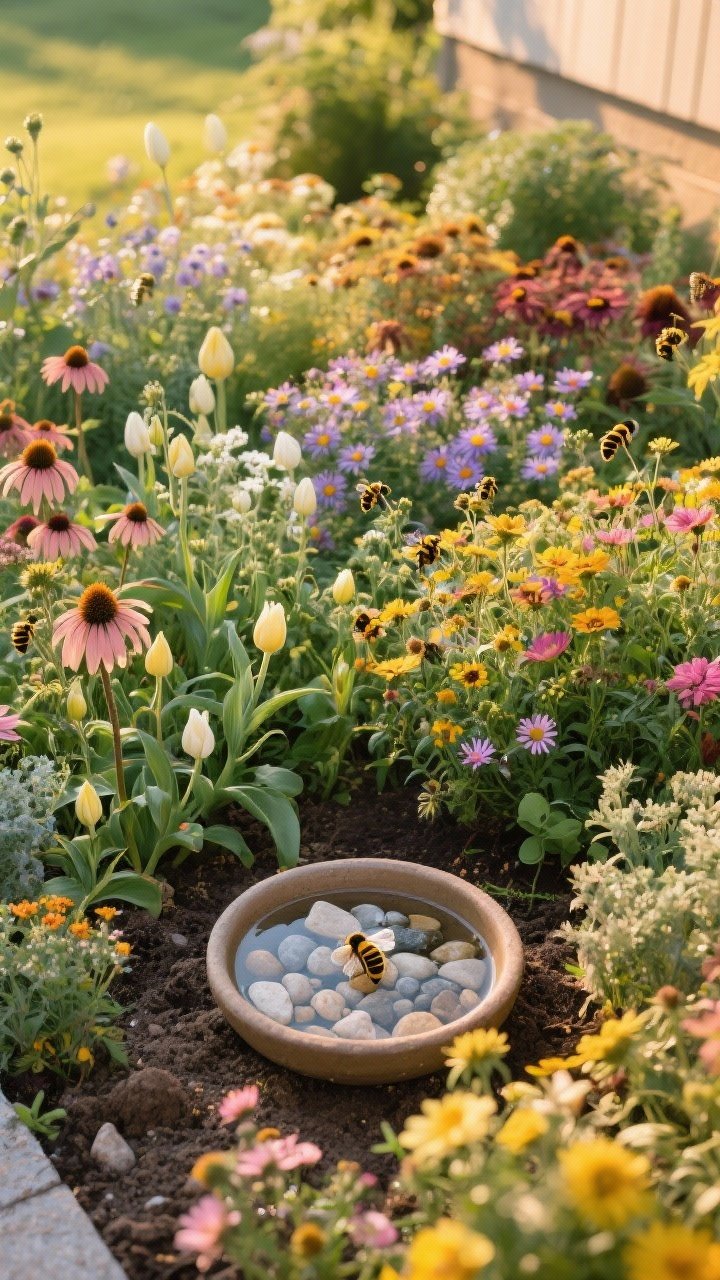 Medium shot: A pollinator-friendly flower bed in full bloom, captured straight-on in golden-hour light. A layered mix of spring bulbs lingering, summer coneflowers, and fall asters ensures continuous bloom; mostly native species with open, simple flower forms. A shallow saucer with pebbles serves as a bee water station; a small sunny patch of bare soil remains for ground-nesting bees. No pesticides, lush, colorful, ecologically vibrant planting.