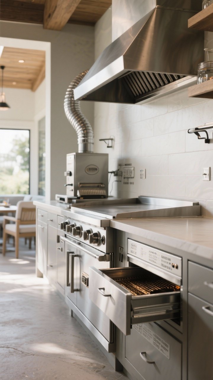 Medium shot: A pro-level appliance run featuring a built-in smoker vented away from seating, a flat-top griddle with splash guards and its own grease management drawer, and a stainless warming drawer integrated into cabinetry; labeled dedicated circuits and outdoor-rated specs discreetly shown; even daylight, clean lines emphasizing restaurant-grade capability.