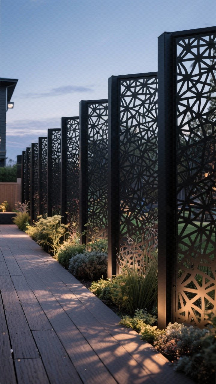 Medium shot: A row of powder-coated black metal laser-cut panels mounted on posts along a patio edge; geometric high-density pattern for strong privacy, backlit to cast intricate shadows on a composite deck; layered plantings in front for softness; twilight lighting for a moody glow; photorealistic, straight-on view highlighting pattern, texture, and shadow play.