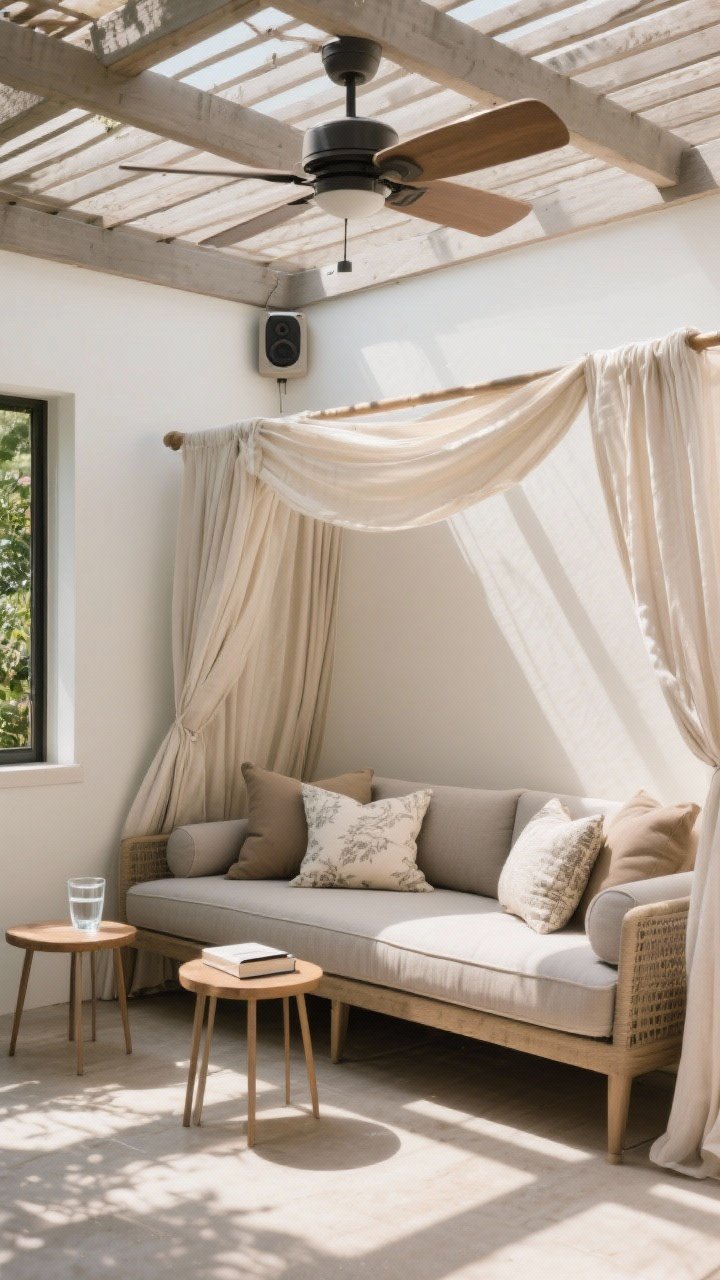 Medium shot — A serene pergola daybed nook with a draped canopy softening the light; deep-cushion daybed in performance fabric with quick-dry foam, layered oversize pillows in solids and subtle prints; small side tables holding a glass of water and a book, an outdoor ceiling fan mounted above, a discreet portable speaker tucked under the seat; calm, shaded afternoon light, angled corner view, photorealistic