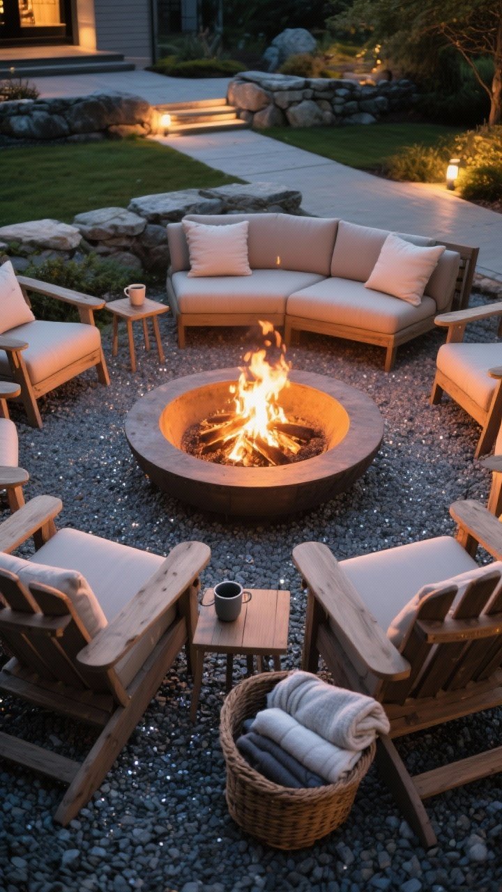 Medium shot: A showpiece circular fire pit (about 40 inches across) set on a gravel surface with a sparkle-free safety zone, surrounded by a circle of Adirondack chairs and a low outdoor sofa with neutral outdoor cushions. Small side tables hold mugs; a basket of folded blankets sits nearby. Warm twilight lighting with the fire glow as the key light; subtle path lighting in the background; textures of stone, gravel, and wood emphasized; straight-on composition, no people.