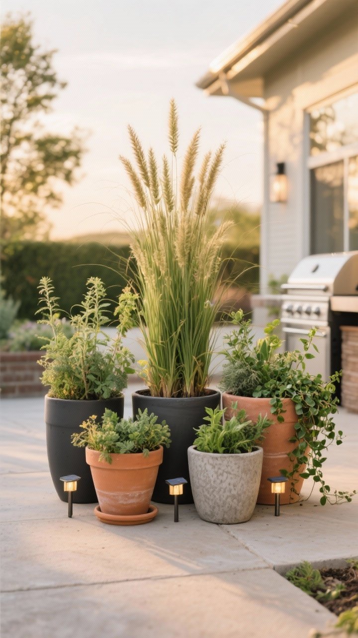 Medium shot: A styled container garden cluster on a patio—odd-number grouping of 5 pots in varied heights and materials (matte charcoal, terracotta, and textured cement) repeating 2–3 finishes. Planting follows thriller-filler-spiller: a tall statement grass as thriller, mid-height fillers like herbs and compact perennials, and trailing ivy or dichondra spilling over edges. Small solar stake lights tucked in for subtle glow; seasonal herbs near a grill. Straight-on perspective in soft golden-hour light.