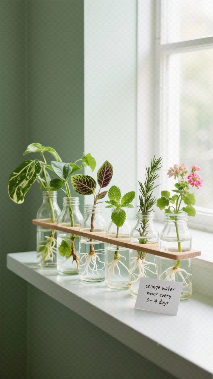 Medium shot: A stylish water propagation station on a floating shelf by a bright-shade window, captured straight-on with soft natural light. Mismatched glass jars and bottles hold cuttings of pothos, coleus, basil, mint, rosemary, and geraniums; stems are trimmed below the node with lower leaves removed. Clear water shows white roots beginning to form; a small note card reads “change water every 3–4 days.” Minimalist backdrop, calm green tones, functional decor vibe.