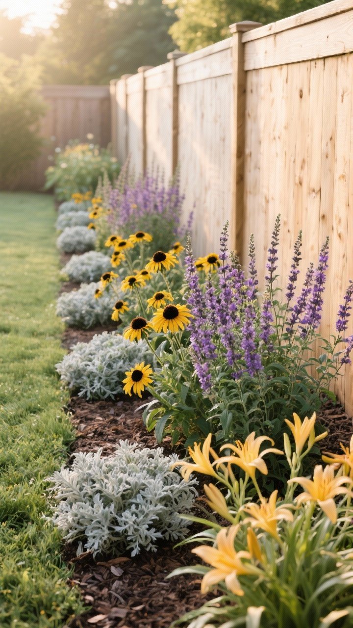 Medium shot: A sunny backyard border planted only with perennials arranged in repeating groups of three and five—coneflower, black-eyed Susan, Russian sage, catmint, and daylilies—set against a simple wood fence. Soft morning light, cohesive rhythm of repeated plant clumps for a designer look, warm golds and purples with silvery foliage, mulched soil barely visible. No annuals, no people.