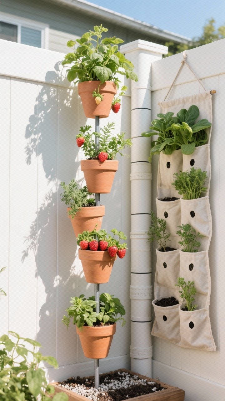 Medium shot: A vertical garden tower against a sunny fence, captured at eye level in crisp daylight. Stacked clay pots threaded on a central dowel with cutouts create planting pockets filled with herbs and strawberries; adjacent, a large PVC pipe with horizontal slits brims with leafy greens; a fabric hanging shoe organizer with drainage holes forms a budget herb wall. Light potting mix with visible perlite; sun-hungry plants higher, shade-tolerant lower. Clean, space-saving vertical growth.