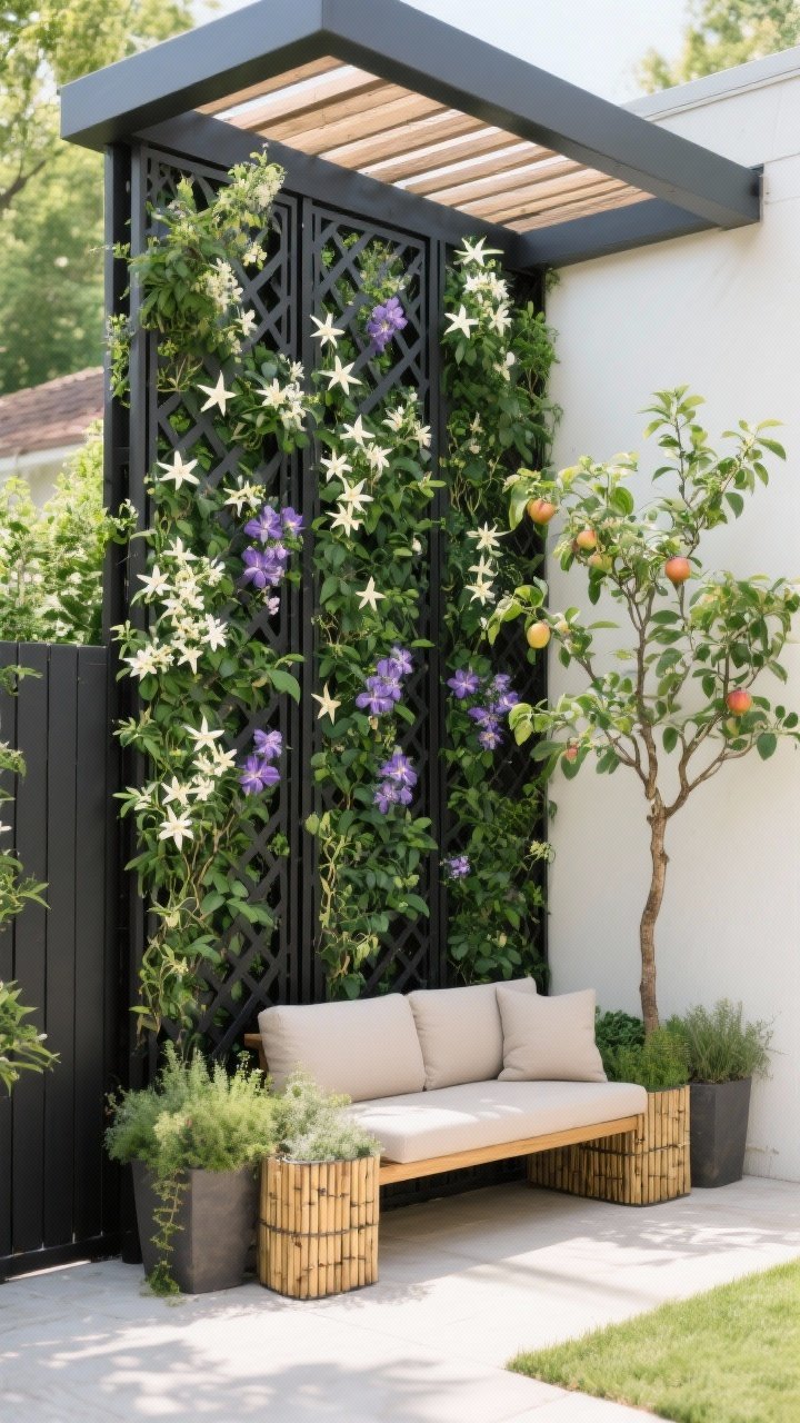 Medium shot: A vertical green feature along a fence—black metal trellis panels supporting star jasmine and clematis in bloom, with a pergola beam overhead. A compact seating area sits in front: a bench with neutral cushions, framed by containers with bamboo for fast privacy (in planters to contain roots) and an espaliered fruit tree on the fence. Bright, even daylight; lush, layered greenery; straight-on angle emphasizing the verticality and privacy effect.