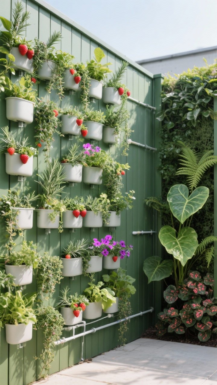 Medium shot: A vertical green wall on a fence with a tidy grid of self-watering planters, planted for mixed sun: trailing rosemary and strawberries spilling over, creeping thyme and petunias adding color. Include a small section of shade plants—ferns, heartleaf philodendron, and begonias—at one end to show contrast. Subtle drip irrigation tubing integrated. Clean, architectural lines with monthly-trimmed edges. Side angle to highlight depth and layering.