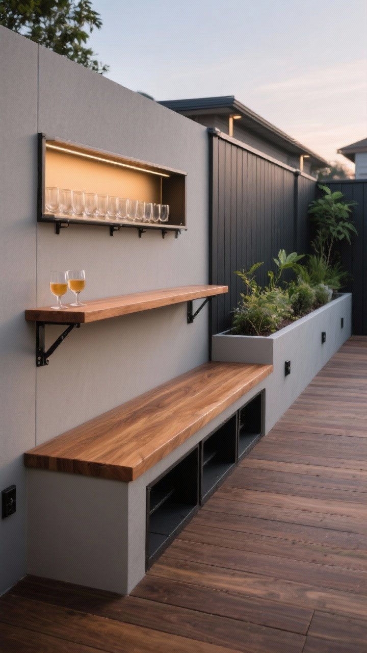 Medium shot along a fence line highlighting multi-use surfaces: a built-in bench with hidden storage beneath a warm wood top, a fold-down wall bar with concealed brackets opened as a slim serving ledge, and planter ledges wide enough to hold drinks (plants above, glasses below). Composite decking or sealed hardwoods with rounded edges emphasized; charcoal hardware; soft evening light; tidy, space-saving arrangement; no people.