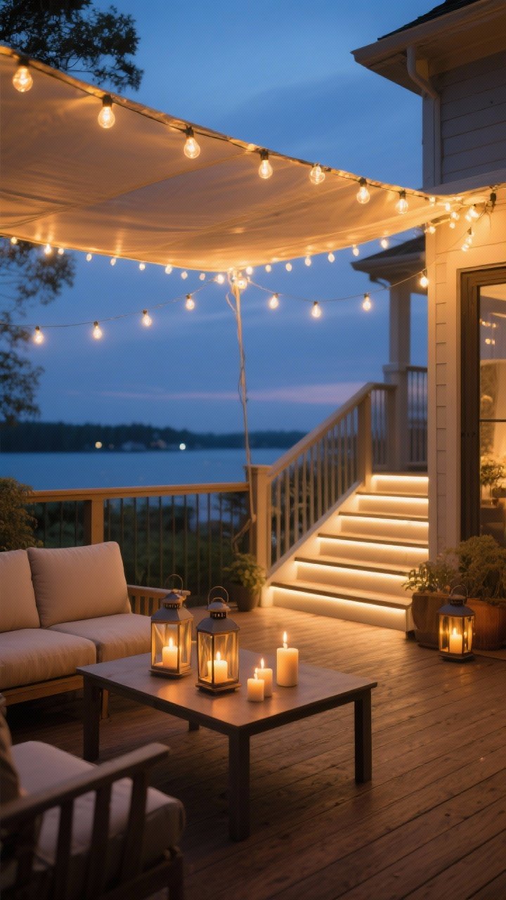 Medium shot at dusk/blue hour: A cozy deck scene with layered warm lighting—overhead string lights forming a soft canopy glow, lanterns and battery candles flickering on a low table, and subtle LED strip lights under the stair treads and along the railing for safety. Warm white bulbs at 2700–3000K cast a golden ambiance on the wood decking and seating. No harsh light, no people, photorealistic.