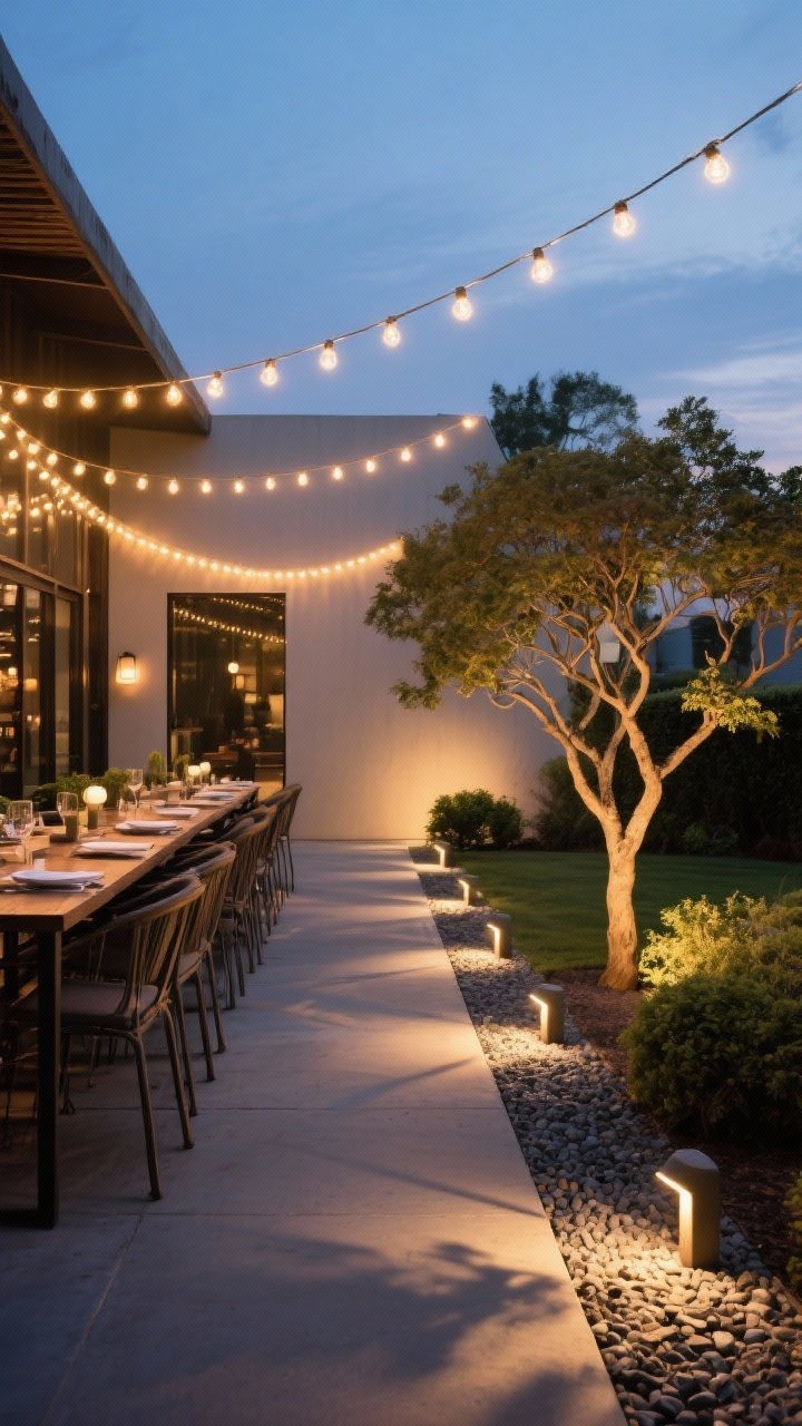 Medium shot at twilight of layered outdoor lighting: ambient string lights zigzagged over a dining table for a bistro vibe, task-level path lights staggered on one side of a gravel walkway, and accent spotlights underlighting a small multi-stem tree and shrubs to cast sculptural shadows; warm glow, no glare, balanced composition with low-voltage fixtures, photorealistic.