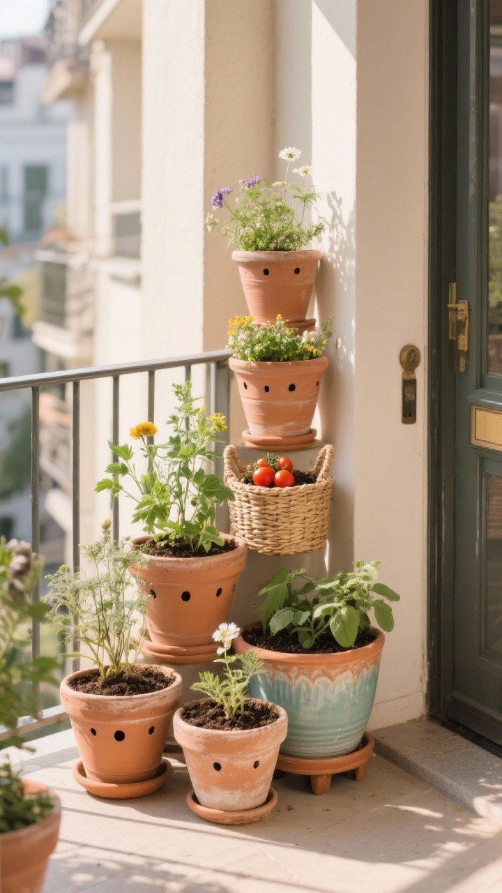 Medium shot, balcony entryway styled with a cluster of terra-cotta and glazed ceramic containers in odd numbers (3 and 5), each with visible drainage holes and filled with light, airy potting mix; mix herbs, flowers, and a mini cherry tomato; baskets with liners add texture; soft late-afternoon natural light, straight-on angle, chic doorstep vibe with portable pots positioned to chase sun; photorealistic detail on pot surfaces and soil