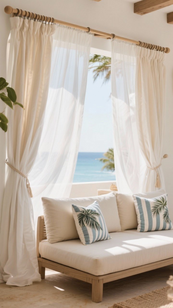 Medium shot: Billowy cabana curtains in crisp white and sand, layered on double curtain rods—sheer performance panels inside for daytime glow and heavier opaque panels outside for evening privacy. Include Sunbrella or Olefin cushions on a low outdoor sofa in neutral tones, with a pair of coastal stripe and palm-print pillows. Soft breeze lifts the sheers; UV- and mildew-resistant fabric textures visible. Warm, diffused daylight, relaxed resort vibe.