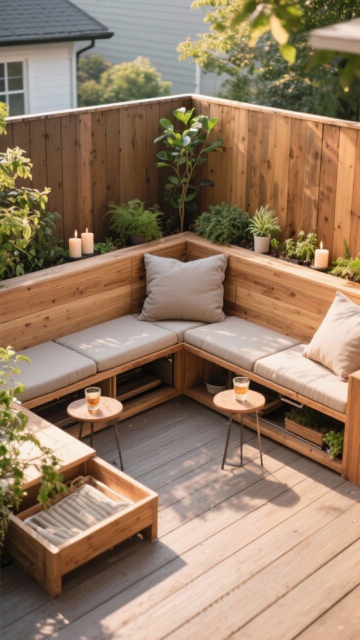 Medium shot: Built-in corner bench seating in smooth cedar hugging the edges of a small deck, with hidden lift-up storage for cushions; integrated planter benches flanking the corner combine seating and greenery; a narrow ledge along the fence holds candles, small plants, and drinks like micro side tables; bench backs low and linear to avoid visual bulk; late-afternoon light, slight overhead angle.