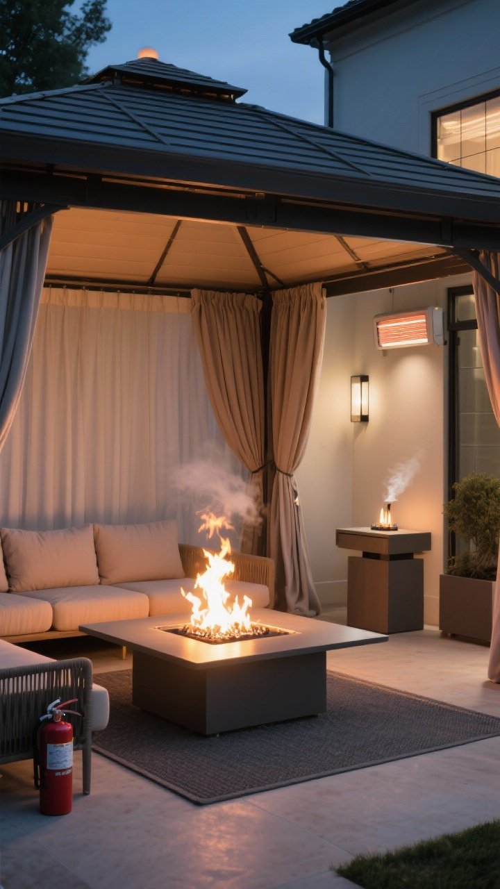 Medium shot: Central fire feature under a gazebo—sleek propane fire table with clean flames, seating pulled back at safe clearance from fabric curtains, a non-flammable mat beneath, a discreet fire extinguisher nearby; optional tabletop bioethanol burner styled on a side console and a wall-mounted infrared heater visible on a post; cozy evening ambiance without smoke, photorealistic.