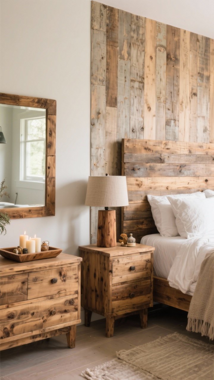 Medium shot, corner angle: A rustic bedroom vignette emphasizing warm wood accents without renovation. Visible-grain wood nightstands (mango or oak) with a wood-base lamp and linen shade, a wood tray on the dresser holding candles and trinkets, and a wood-framed mirror reflecting soft light to enlarge the space. Behind the bed, a single accent wall with peel-and-stick wood wallpaper, and a distressed wood headboard as the hero element. Balanced, natural daylight with warm undertones. Photorealistic textures on wood grain; cozy, organic feel. No people.