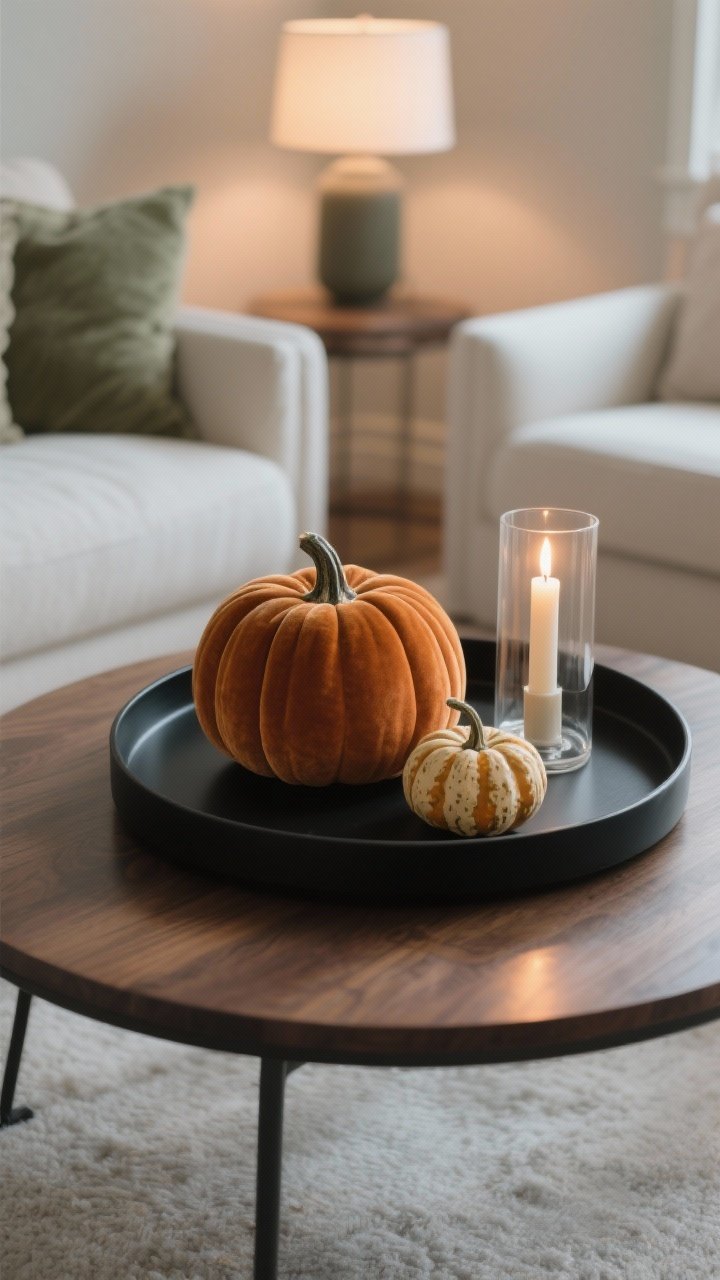 Medium shot, cozy living room corner: a low, round matte-black tray on a walnut coffee table holds a curated trio of pumpkins—one large off-center ceramic pumpkin, one medium plush velvet pumpkin, and one tiny natural gourd clustered close. A slim taper candle glows inside a clear glass hurricane for warm, flickering light. Color palette: monochrome creams with muted sage and rust accents. Soft evening ambient lighting with gentle reflections on the ceramic; textures emphasized: velvet nap, smooth ceramic, matte tray. No people, photorealistic, slight three-quarter angle from sofa height.