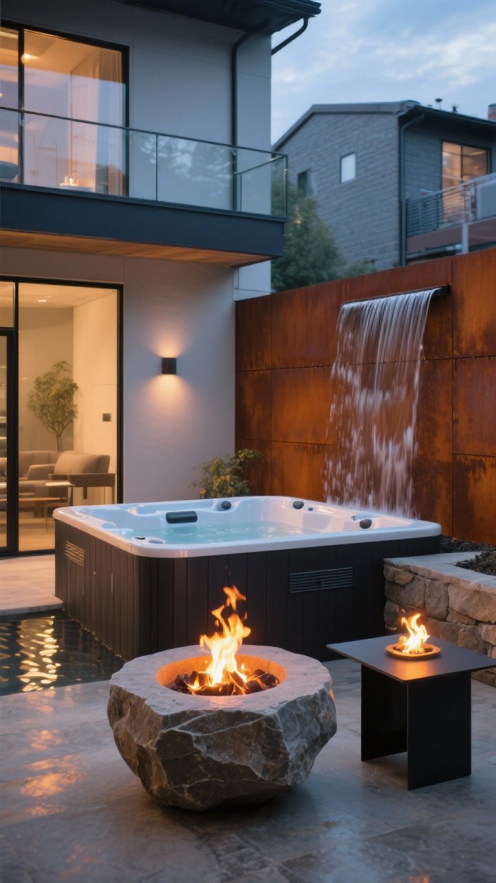 Medium shot, diagonal composition: A balanced scene featuring a modern stone fire bowl 7 feet from the hot tub on one side, a sleek corten steel water wall on the opposite side providing a gentle cascade to mask street noise, and the hot tub centered as the star; optional tabletop gel-fuel fire on a side surface adds flicker; materials in stone, corten, and matte black metal harmonized; twilight lighting with fire glow reflecting on water; photorealistic.