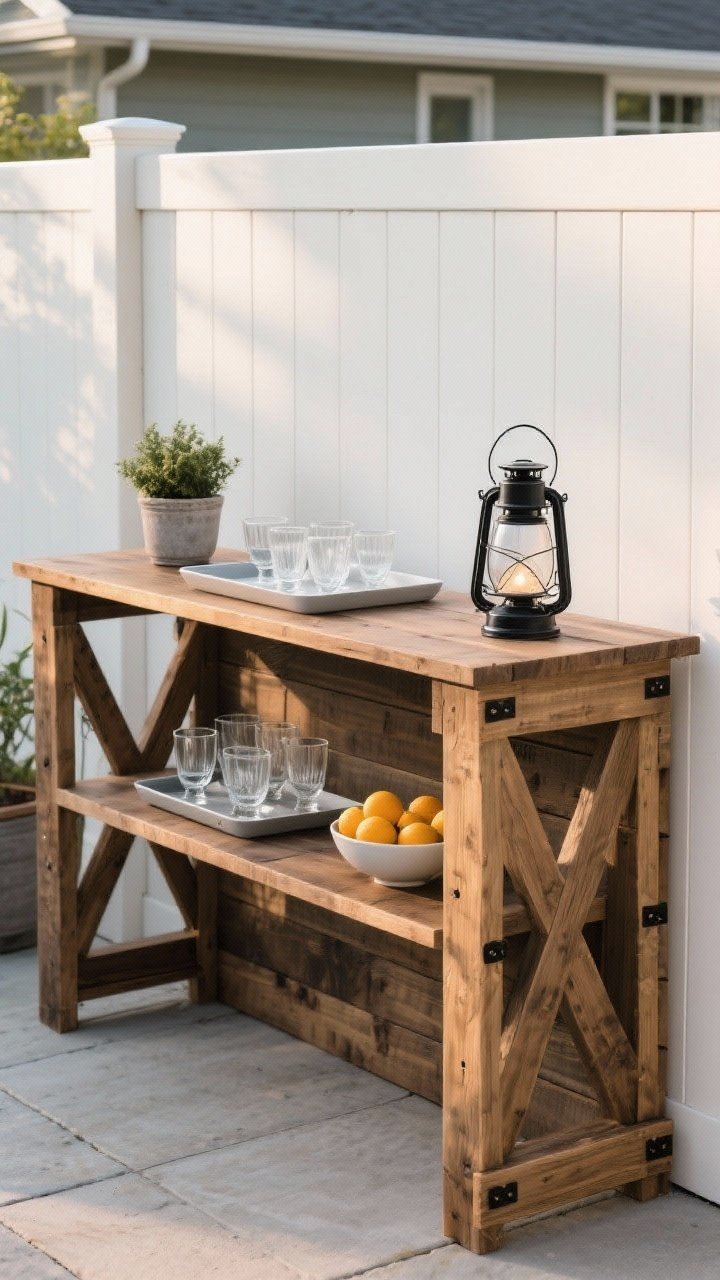 Medium shot: DIY outdoor bar console along a fence—2x4 frame with stained deck-board top and shelves; styled with a tray, modern melamine glassware, a small planter, a compact lantern, and a bowl of citrus; matte black hardware accents; cohesive neutral palette; late-afternoon entertaining light, photorealistic.