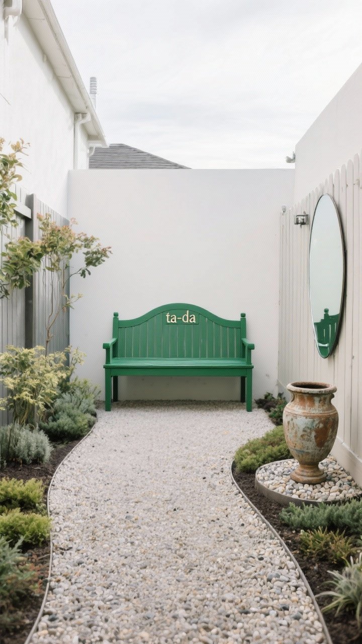 Medium shot featuring a statement focal point: a painted garden bench in deep green centered at the end of a gravel path circle, flanked by low plants; alternatively visible nearby, a thrifted urn on a small gravel pad surrounded by groundcovers; a mirror mounted on a fence adding depth to a tight space; one clear “ta-da” focal alignment from path to bench; overcast bright light for even tone; photorealistic, axial view.