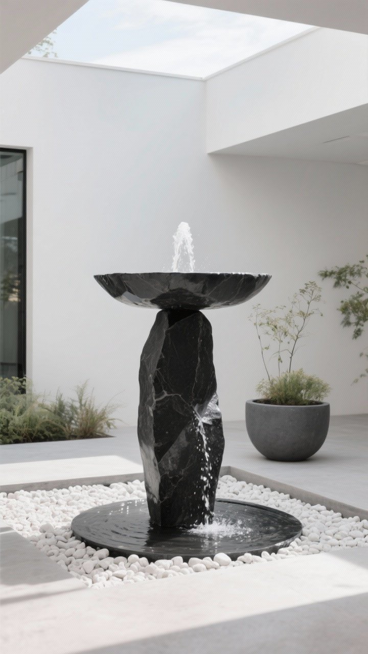 Medium shot focused on a bold focal point: a modern black-stone water fountain centered on white gravel, flanked by low, minimalist planting and a single oversized matte fiberstone planter; clean lines and restrained palette keep surroundings simple so the feature commands attention; soft daylight with gentle reflections on moving water for a calm, sculptural feel.