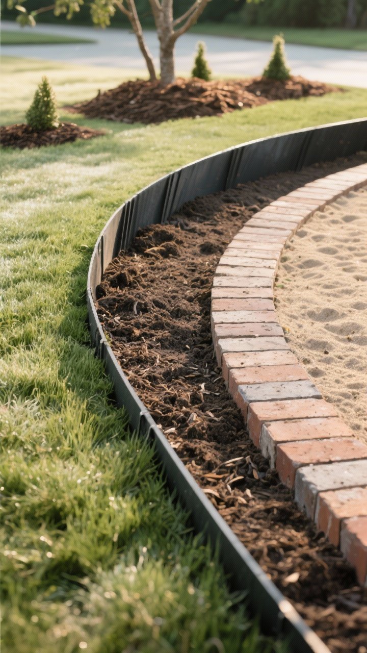 Medium shot focusing on pristine bed edging: a freshly cut 5-inch deep V-shaped natural trench edge separating lush lawn from mulched planting bed; alternative segments show sleek, dark steel edging flowing in a gentle curve, and a short run of brick pavers set on a thin sand bed tapped level—three pro options in one scene; mulch pulled back from stems and trunks to avoid “volcanoes”; early morning raking marks visible; soft, neutral daylight to emphasize soil and edge textures; no people.
