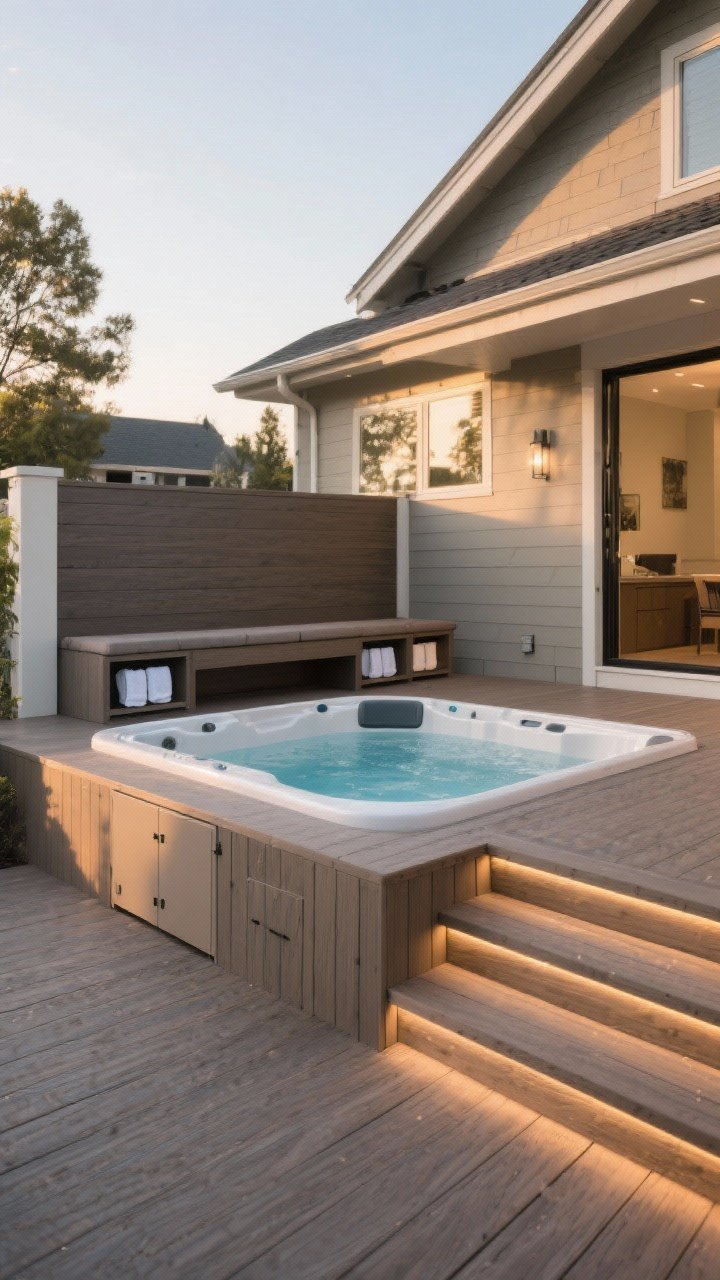 Medium shot from a corner angle: A composite-deck surround with a partially recessed hot tub (half sunk), slip-resistant decking around the rim, integrated bench seating and towel cubbies, and a hidden access panel flush with deck boards; deck boards run perpendicular to the house to visually widen the space; warm, late-afternoon light with subtle LED strip lighting tucked under stair treads glowing softly; materials show realistic grain, matte finish hardware; photorealistic.