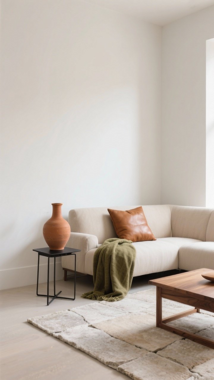 Medium shot from a corner angle: A serene seating zone showcasing a neutral base—soft white warm-undertone walls, a light sand-toned sofa, and a low-contrast light stone rug. Accents are sparing: a caramel leather cushion, a terracotta vase, a small olive throw, and a charcoal metal side table in matte black. Add subtle oak and walnut wood tones in the coffee table and frame. Lighting is gentle daylight, warming the palette without harsh contrast; photorealistic, no people.