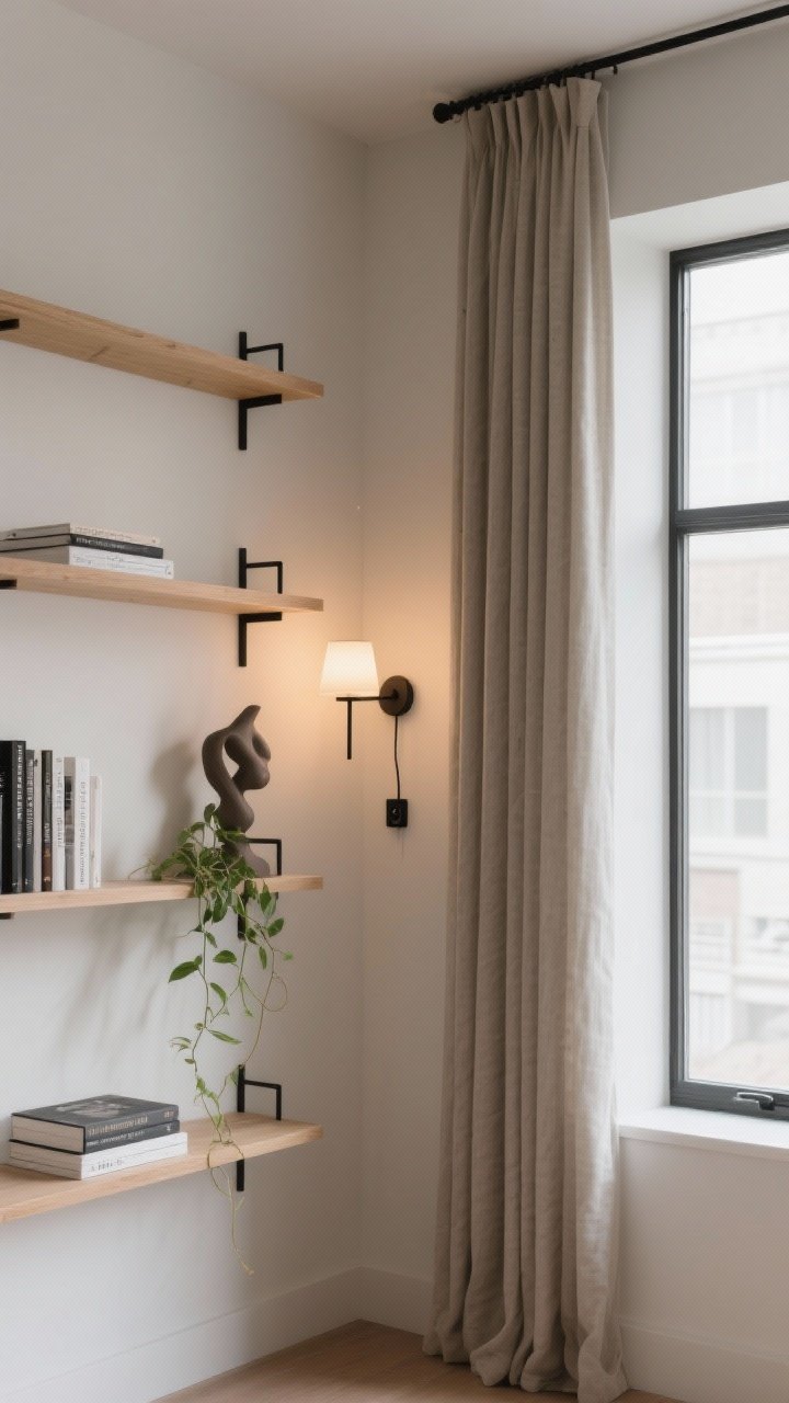 Medium shot from a corner angle: A tall wall featuring slim floating shelves curated with a few books, one trailing plant, and a single sculptural object; a plug-in wall-mounted sconce providing warm ambient light instead of a floor lamp; curtains hung high near the ceiling and wide past the window trim to enlarge the glass; cohesive vertical palette in light wood and matte black hardware for a calm, uncluttered, taller-feeling room.