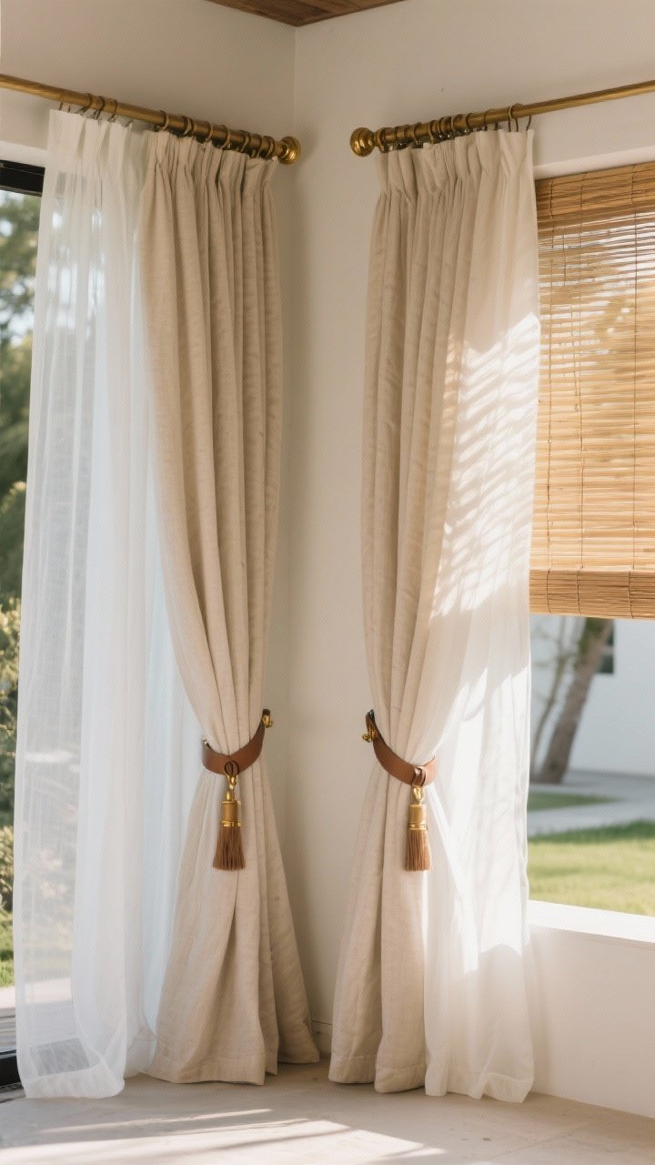Medium shot from a corner angle: Breezy privacy setup with double curtain rods—sheer white outdoor drapes layered with heavier sun-blocking panels in sand, roll-down bamboo shades on the sun-exposed side, and tailored leather strap tie-backs; brass hardware accents and soft wind movement, late-afternoon sun filtered through fabrics, photorealistic.