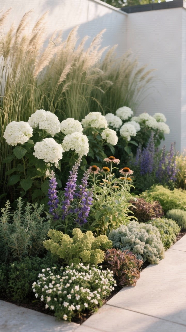 Medium shot from a corner angle of a layered planting bed showing designer depth: back row with tall grasses (Miscanthus) and white hydrangeas, middle layer with salvia, echinacea, and heuchera, front edge softened by creeping thyme, sedum, and sweet alyssum; repeated anchor plants for cohesion; early morning soft natural light highlights varied height, color, and texture; rich, full, curated feel, photorealistic.